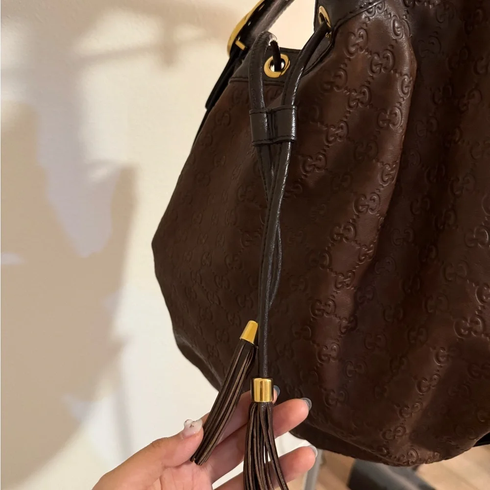 Gucci Dark Brown Leather Hobo Bag with Gold Accents